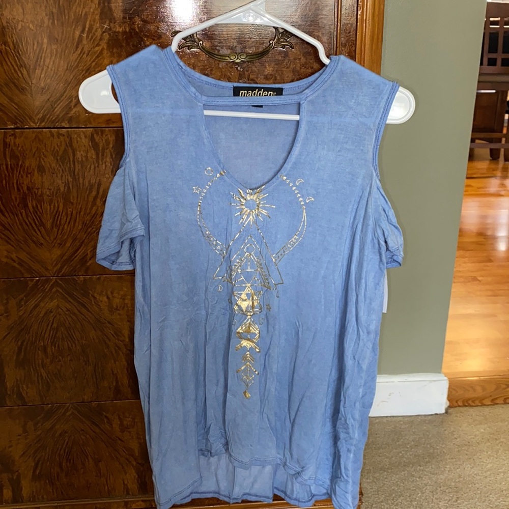 Madden NYC- Blue and Gold Cold Shoulder Top